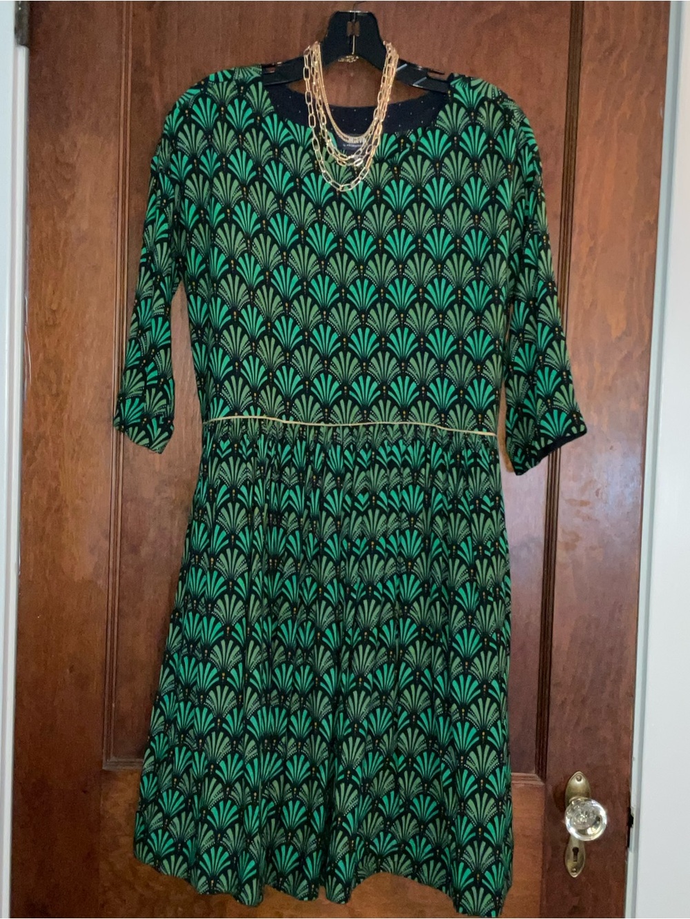 Anthropologie Green and Black Patterned Midi Dress